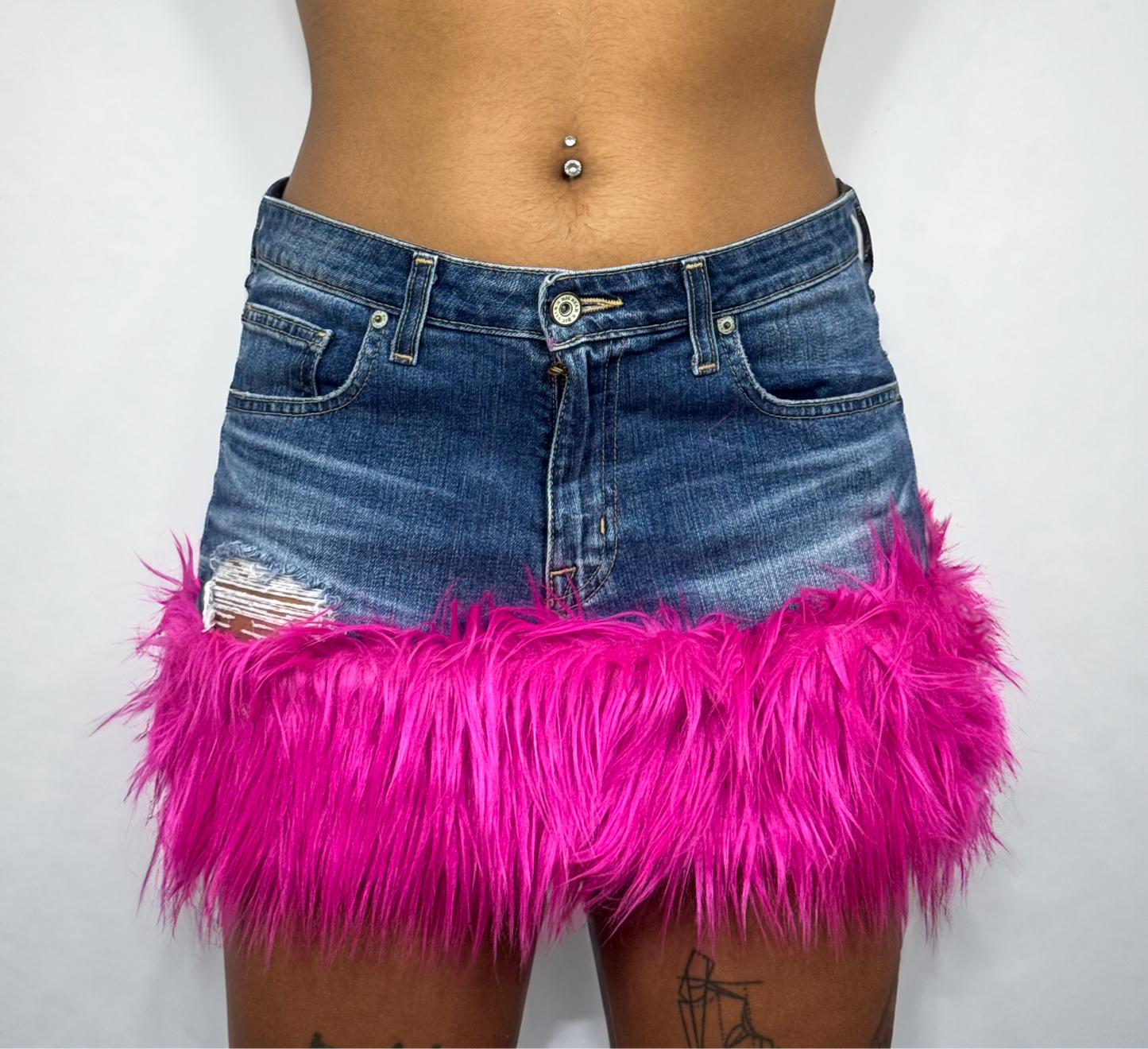 Denim Skirt with Faux Fur Trim